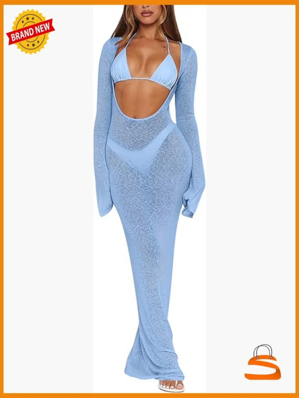 Women's 3-Piece Bikini Set with Sheer Mesh Cover Up Dress XS-XXL